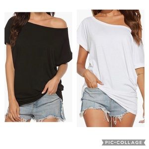 2 Poetsky Women's Off Shoulder Tops Casual Loose Shirt Batwing Sleeve oversized
